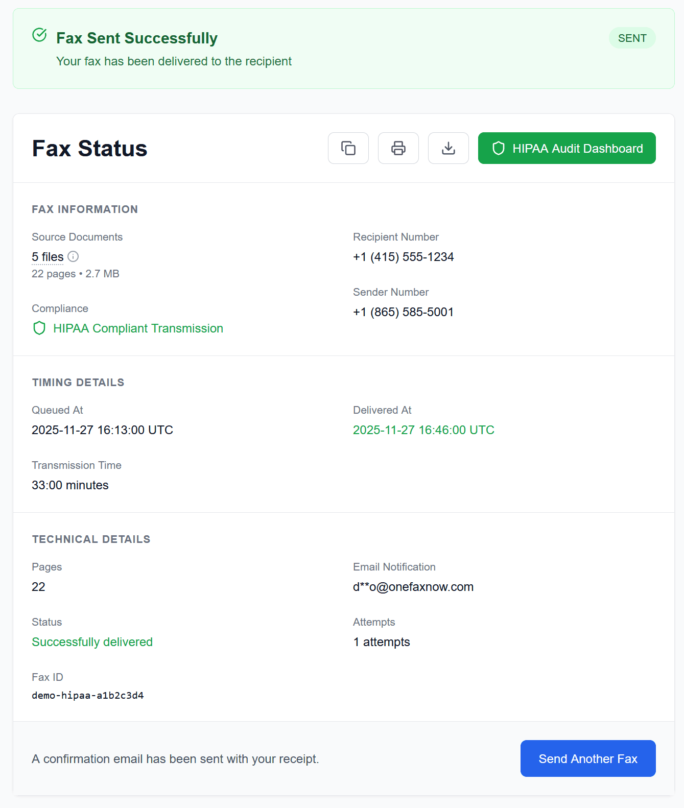 OneFaxNow fax status page showing successful delivery