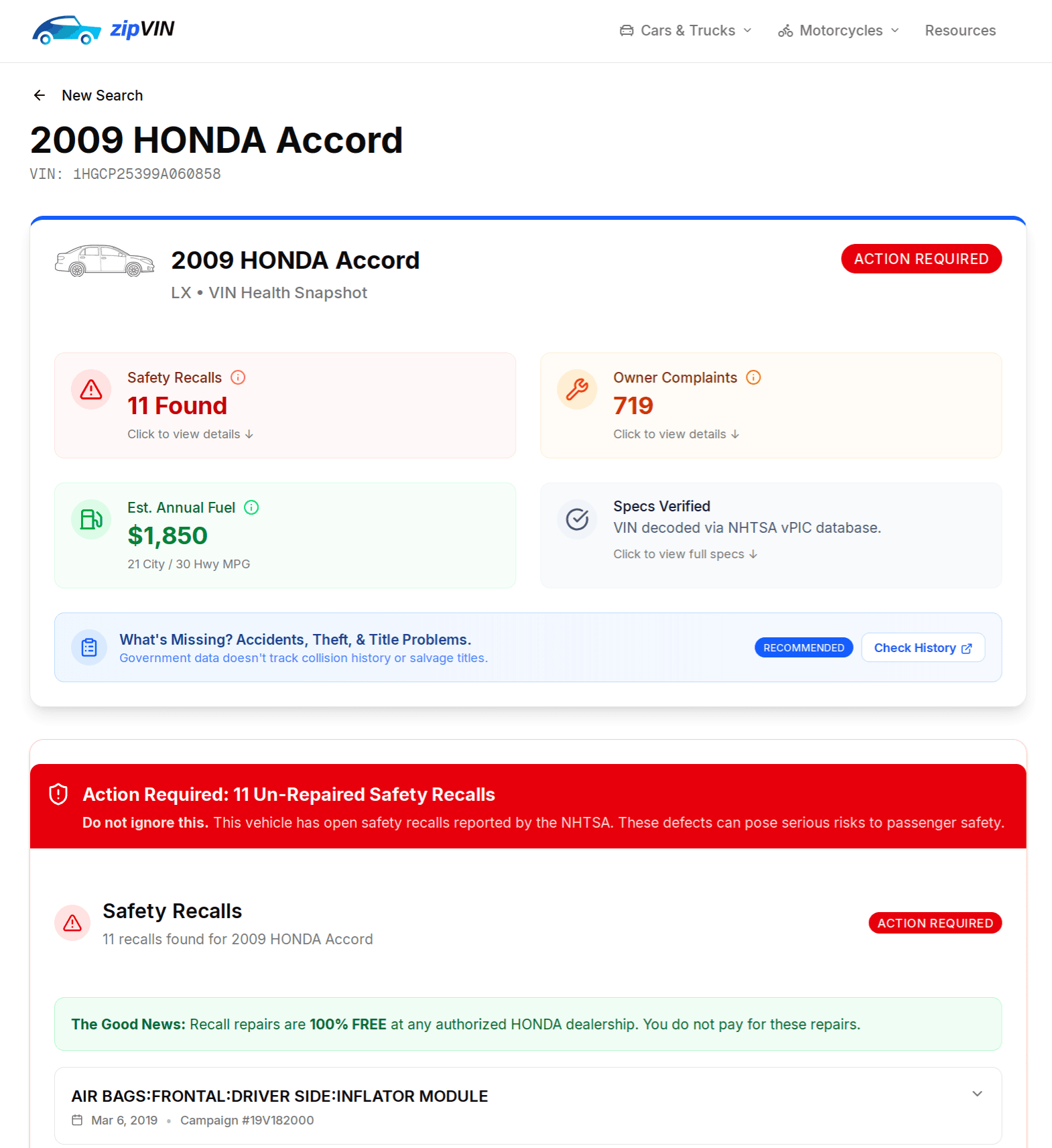 ZipVIN vehicle health report showing safety recalls and specs